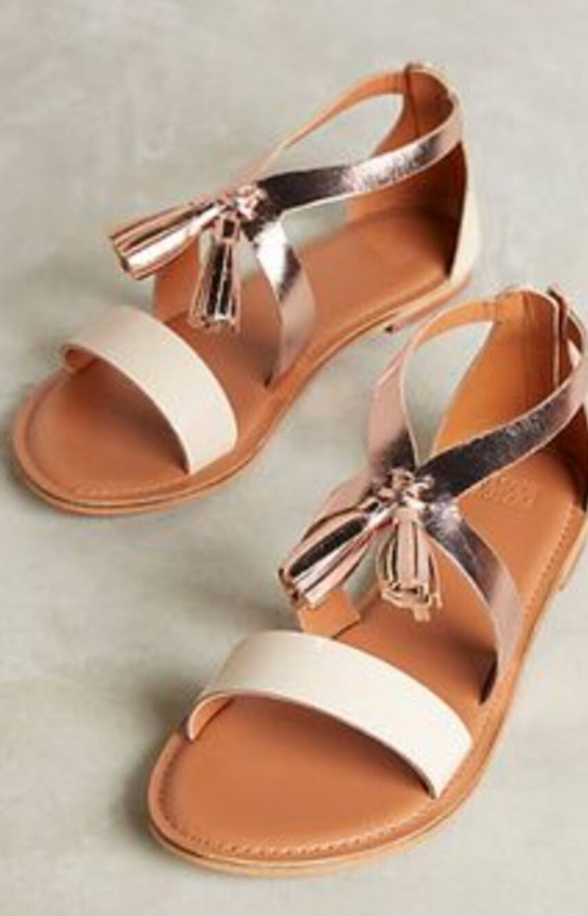 Jasper & Jeera Tassel Sandals 8 38 Gold Tan Leather Anthro Boho Travel Resort